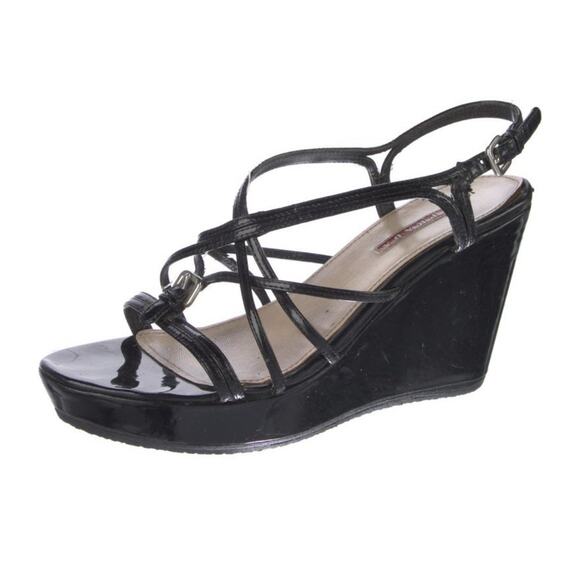 Authentic PRADA Black Patent Leather Strappy Wedge Sandals Size 10 - Picture 1 of 5